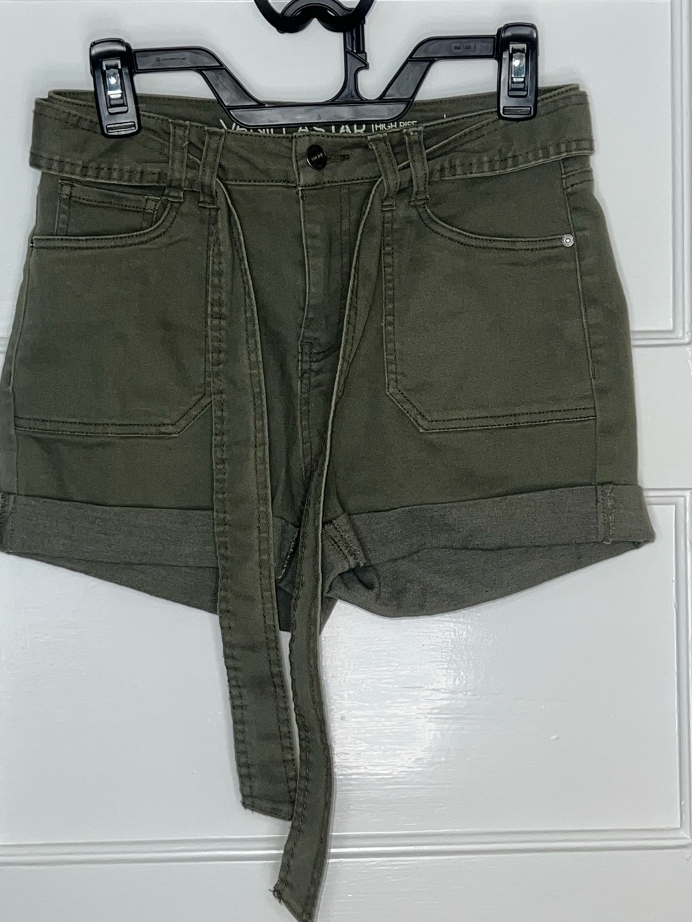 Vanilla Star Olive Green High Waist Utility Shorts with Tie